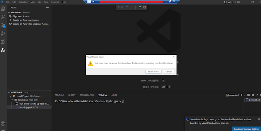 VSCode warning about Azure Functions Core Tools